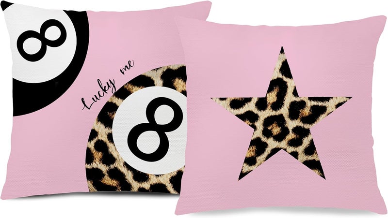 Nipil Trendy Leopard Pillow Covers 18x18, Pink Cheetah Leopard Print Room Decor, Preppy Cheetah Print Star Lucky 8 Ball Decorative Throw Pillow Covers for Girls Bedroom Dorm Apartment, Set of 2 - Image 1